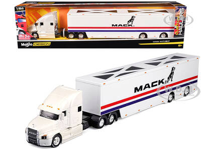 Mack Anthem Enclosed Car Transporter Mack White with Red and Blue Stripes Custom Haulers Series 1/64 Diecast Model by Maisto