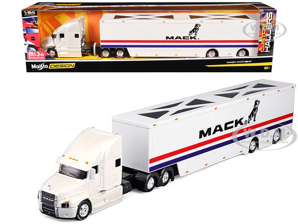 Mack Anthem Enclosed Car Transporter Mack White with Red and Blue Stripes Custom Haulers Series 1/64 Diecast Model by Maisto