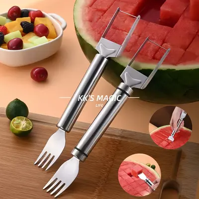 【2 Pack】Watermelon Fork Slicer,Watermelon Slicer Cutter,Watermelon Cube Cutting Tool, 2-in-1 Stainless Steel Fruit Cutter...