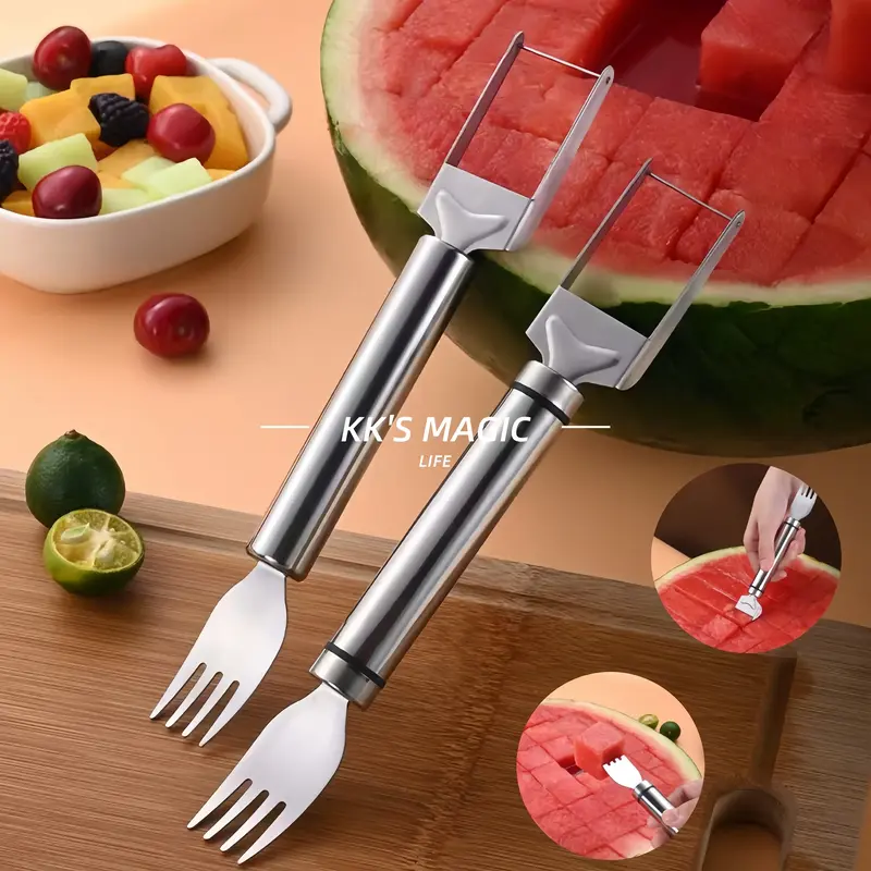 【2 Pack】Watermelon Fork Slicer,Watermelon Slicer Cutter,Watermelon Cube Cutting Tool, 2-in-1 Stainless Steel Fruit Cutter...