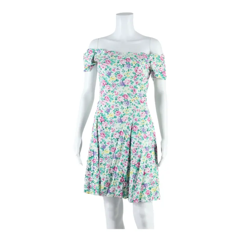 ROBERTA Womens Fit & Flare Dress White 90s Floral Knee Length S