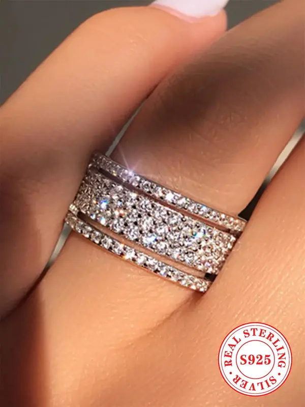 925 Sterling Silver 925 Sterling Silver Fashion Rhinestone Decorated Ring, Elegant Wedding Engagement Anniversary Party Jewel...