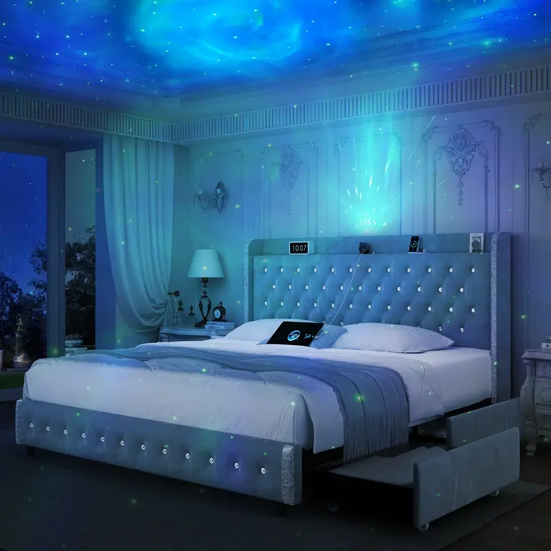 GEGOFORU Queen Size LED Bed Frame with Galaxy Projector Bluetooth Speaker USB Charging Upholstered Storage Headboard No Box S...