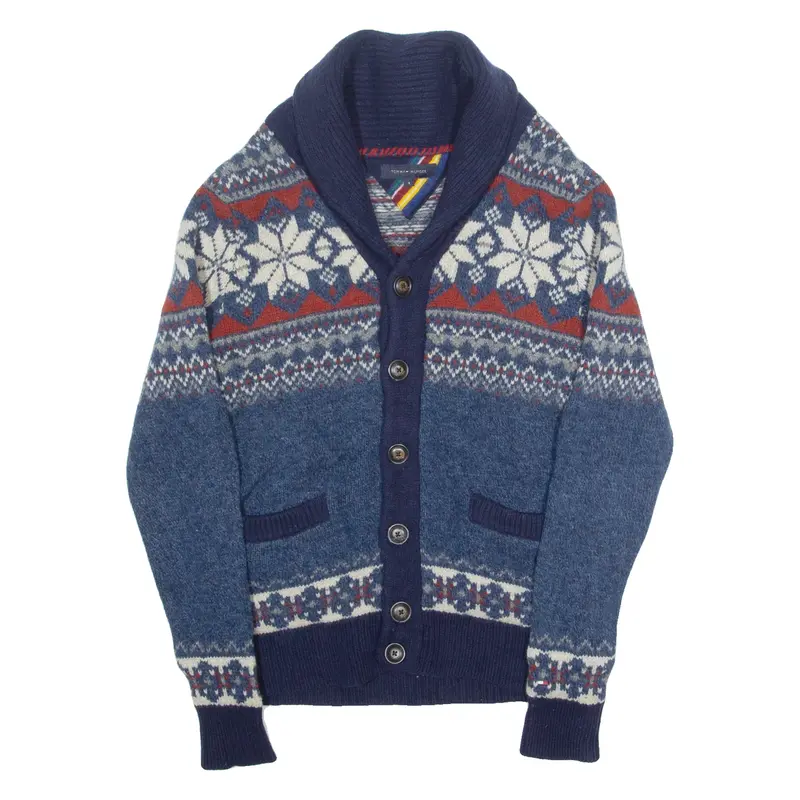 TOMMY HILFIGER Mens Patterned Jumper Blue Fair Isle Roll Neck Chunky Knit S