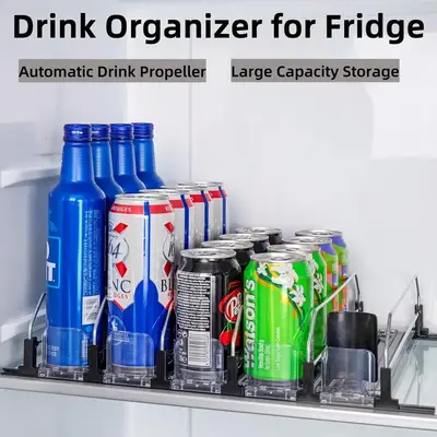 Drink Organizer for Fridge, Self-Pushing Soda Can Dispenser for Refrigerator, Width Adjustable Water Bottle Pusher Glide, Bla...