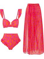 Three-piece Set Women's All Over Print Ruffle Trim Swimsuit Set, Boho Sleeveless Swim Top & High Waist Swim Bottom & Split Th...
