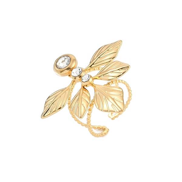 304 Stainless Steel Rhinestone Leaf Open Cuff Rings for Women