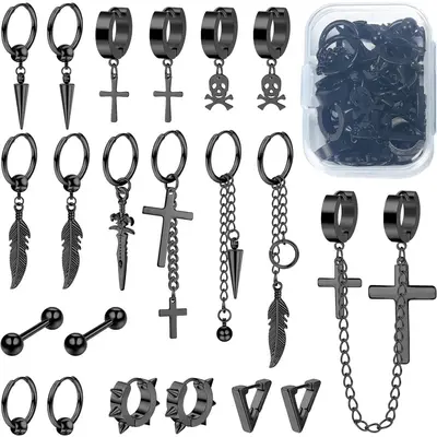 FLORIDECO 21PCS Stainless Steel Earrings for Men Black Earrings Mens Earrings Dangle Earrings for Men Women Kpop Earrings Pie...