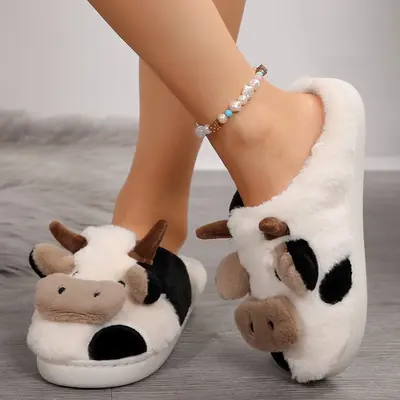 Cow slippers, cartoon cow cotton slippers, non-slip cute plush animal slippers, indoor and outdoor womens slippers