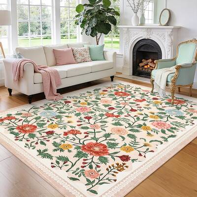 Garvee Large Beige Rug 10x13 Washable Floral Low Pile Non-Slip Polyester Soft Non-Shedding for Living Room Bedroom Dining Roo...