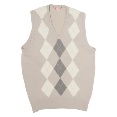JAEGER Mens Patterned Vest Beige Argyle V-Neck Tight Knit Sleeveless Wool M