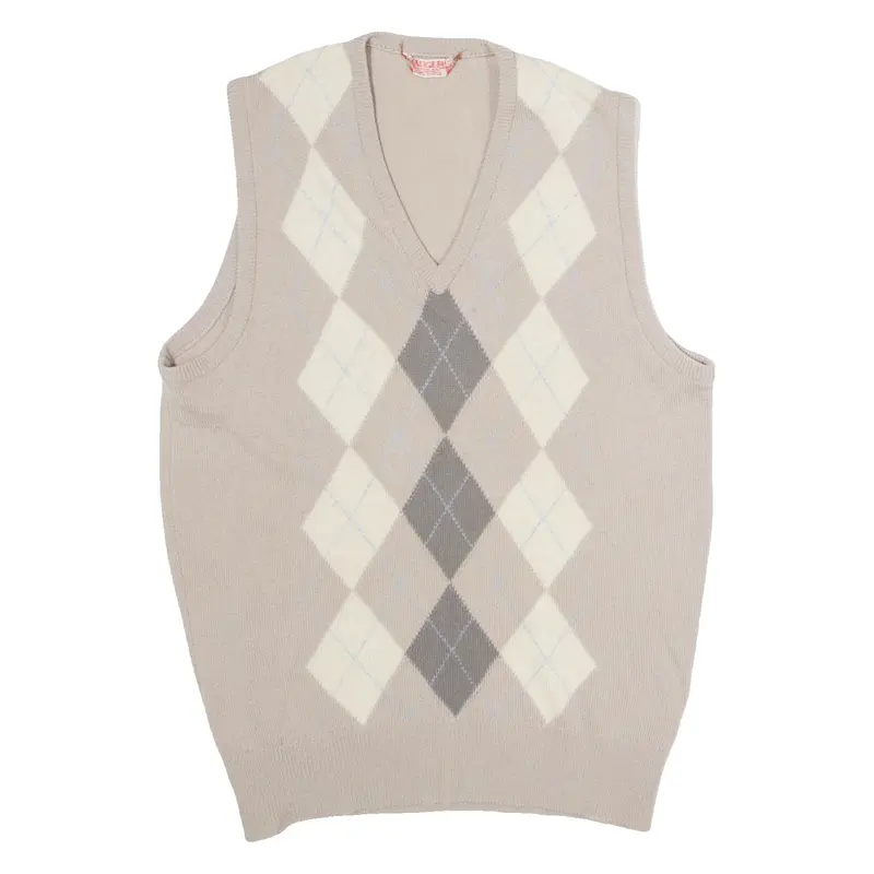 JAEGER Mens Patterned Vest Beige Argyle V-Neck Tight Knit Sleeveless Wool M