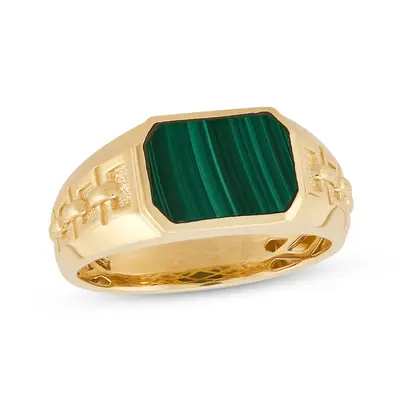 10K Gold Emerald Cut Malachite Chain Link Wedding Band for Men