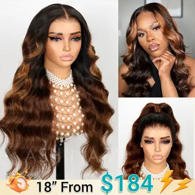 New Black Ombre Brown Highlight 3D Body Wave 360 Lace Frontal with Invisi Strap Pre Bleached & Plucked Human Hair Wig