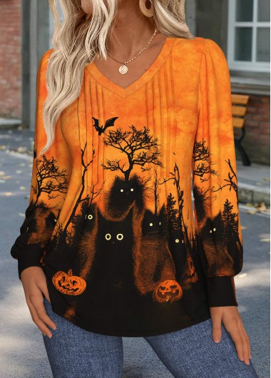 Modlily Halloween Orange Tuck Stitch Long Sleeve T Shirt - XL