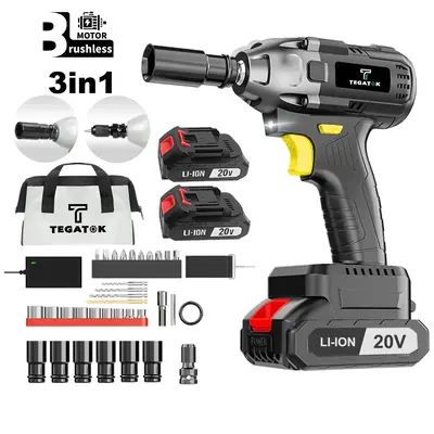 Tegatok 20V Cordless 1/2-Inch Impact Wrench, 320 Nm Torque, Brushless Motor, With Battery,Charger and Sockets,3-in-1 Automoti...