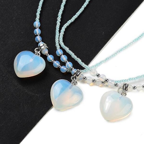 Opalite Heart Pendant Necklaces