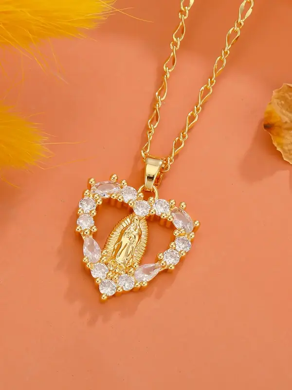 Elegant Rhinestone Decorated Heart & Cross Pendant Necklace, Fashion Matching Jewelry for Party, Daily Clothing Decor, Trendy...