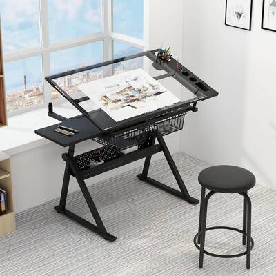 Garvee Drafting Table Adjustable Height Tilting Glass Top Steel Frame 2 Drawers Stool Black Home Office Art Craft