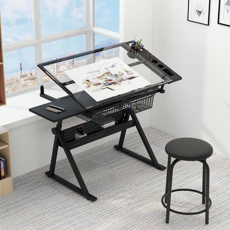 Garvee Drafting Table Adjustable Height Tilting Glass Top Steel Frame 2 Drawers Stool Black Home Office Art Craft
