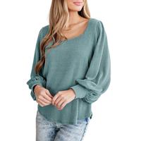Dokotoo Women's Square Neck Long Sleeve Casual Loose Ribbed Knit Soft Blouses Tuinc Tops