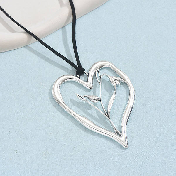 Birth Flower Heart Zinc Alloy Pendant Black Faux Suede Cord Necklaces for Women