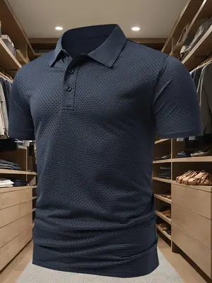 Men's Plain Textured Short Sleeve Polo Shirt, Fitted Casual Formal Fabric Button Front Collared Top for Summer, Fashion Men's...