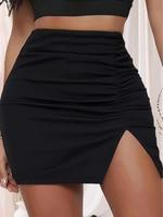 Women's Solid Color Split Hem Ruched Skirt, Elegant Fashion Casual Short Skirt for Daily Outdoor Wear, Ladies Bottoms for Sum...