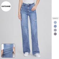 KatchMe Women's Chic High Waist Multi-Pocket Ripped Wide Leg Jeans, Baggy Jeans Outfits, Classy Denim Trousers for Women, Ver...