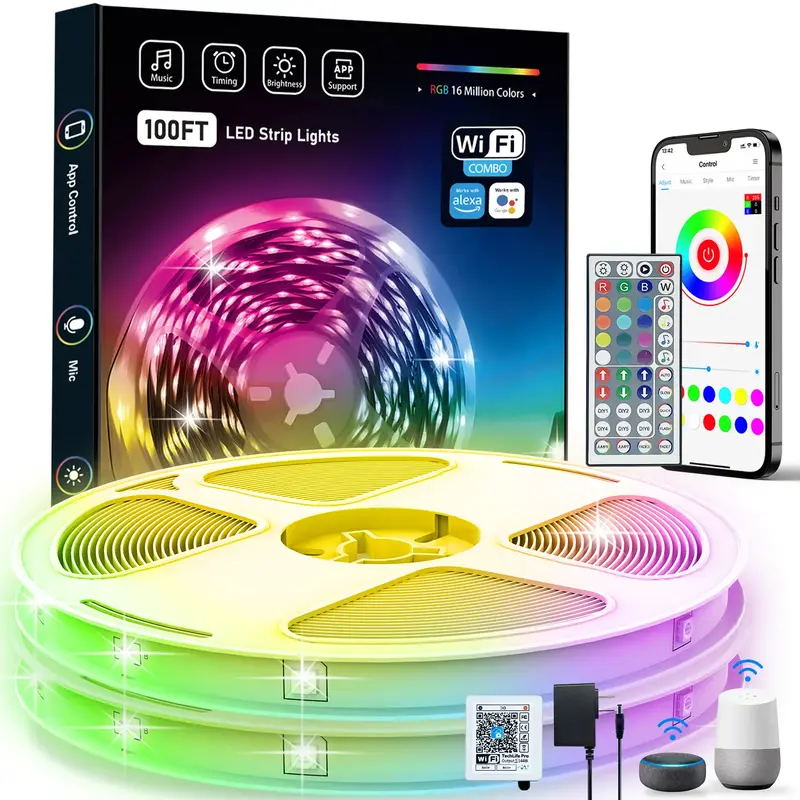 100ft 50FT WiFi RGB Led Strip Lights with Remote App Control  Alexa & Google Assistant Color Changing Led Lights for Bedroom ...