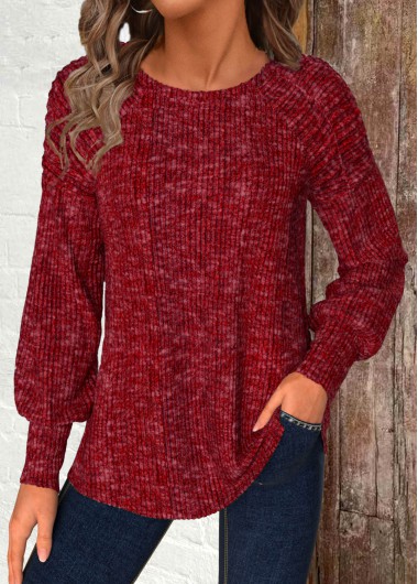 Modlily Wine Red Long Sleeve Round Neck T Shirt - XL