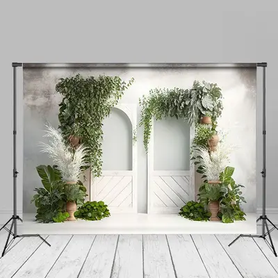 White Gate Green Leaf Classy Wedding Birthday Backdrop - Aperturee