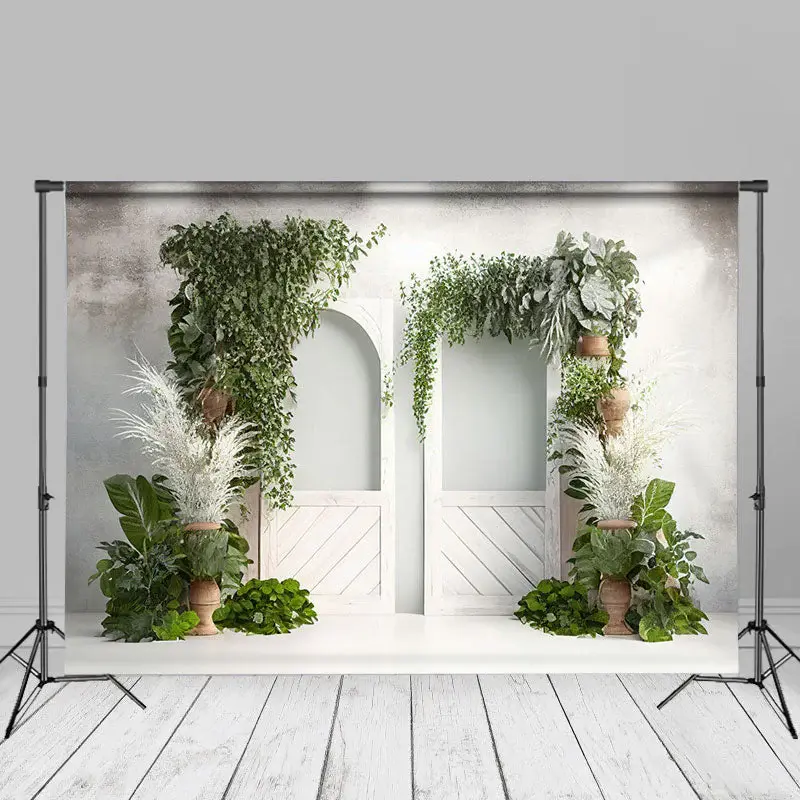 White Gate Green Leaf Classy Wedding Birthday Backdrop - Aperturee