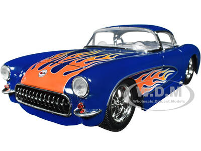 1957 Chevrolet Corvette Dark Blue with Flame Graphics and White Interior \