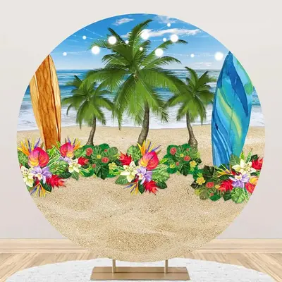 Round Sand Floral Trees Surfboard Summer Backdrop - Aperturee