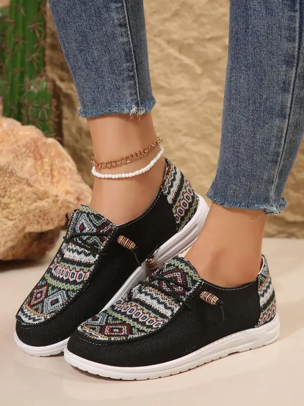 Women's Ethnic Pattern Lace Up Low Top Sneakers, Casual Comfortable Walking Shoes for Daily Wear, Female All-match Round Toe ...