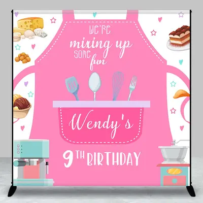 Aperturee Pink Apron Baking Custom Name 9th Birthday Backdrop - Aperturee