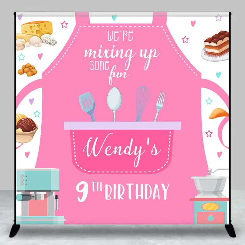Aperturee Pink Apron Baking Custom Name 9th Birthday Backdrop - Aperturee