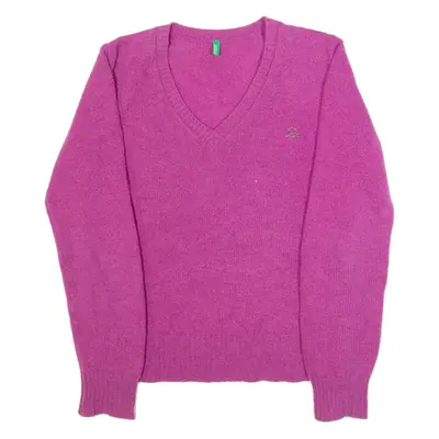 BENETTON Womens Jumper Purple V-Neck Tight Knit Wool L