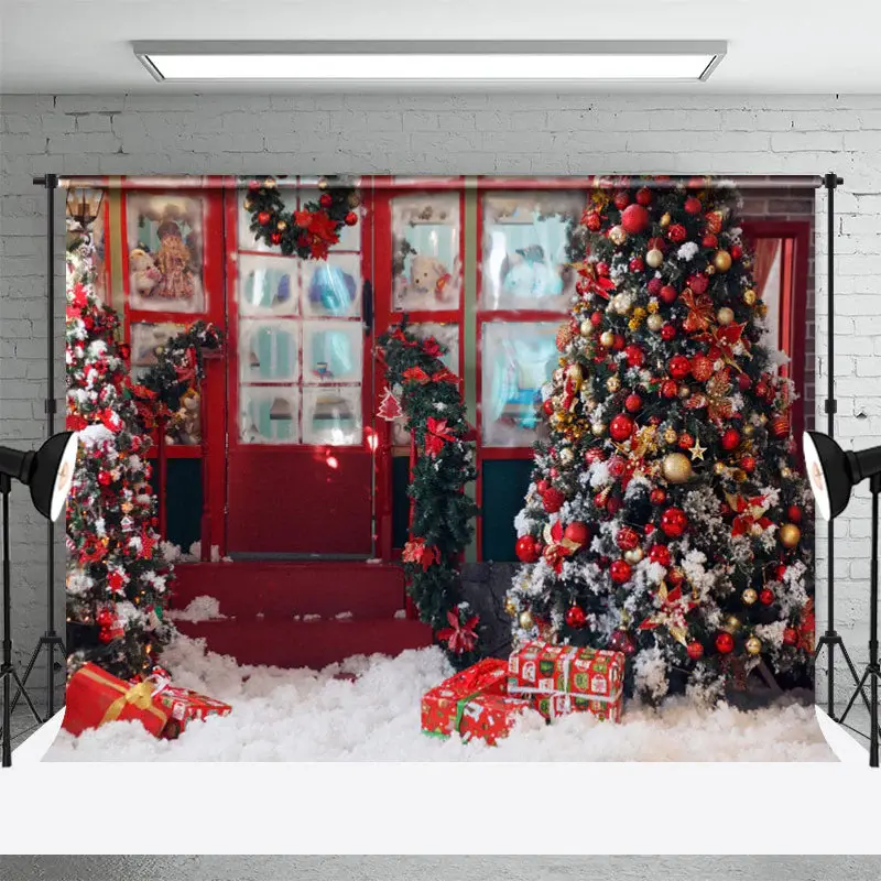 Red Boutique Window Door Wreath Christmas Backdrop - Aperturee