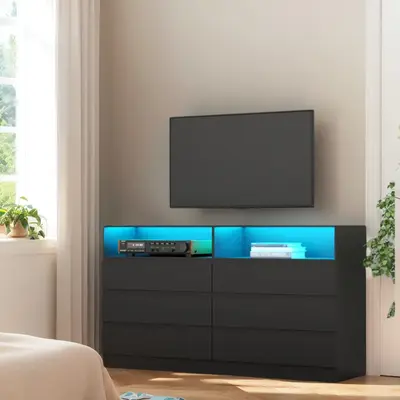 6 Drawer Double Dresser with Power Outlet, Accent Chests of Drawers with LED Light, Modern White Storage Dresser with Chargin...