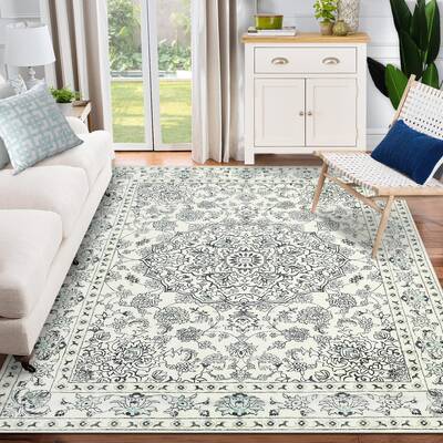 Garvee Traditional Medallion Area Rugs Ultra Thin Soft Washable Non Slip 9x12 Beige for Living Room Dining Room Bedroom