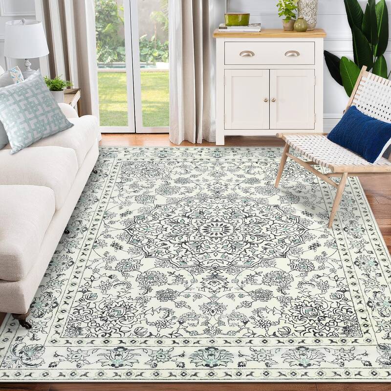 Garvee Traditional Medallion Area Rugs Ultra Thin Soft Washable Non Slip 9x12 Beige for Living Room Dining Room Bedroom