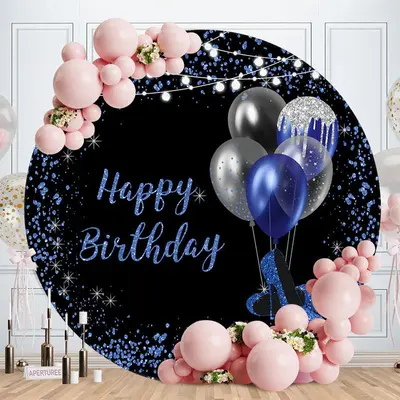 Blue Black Balloons Round Happy Birthday Backdrop - Aperturee