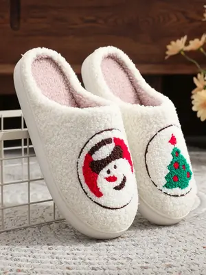 Women's Christmas Themed Plush Slippers, Snowman & Christmas Tree Pattern House Slippers, Casual Soft Comfortable Home Shoes,...