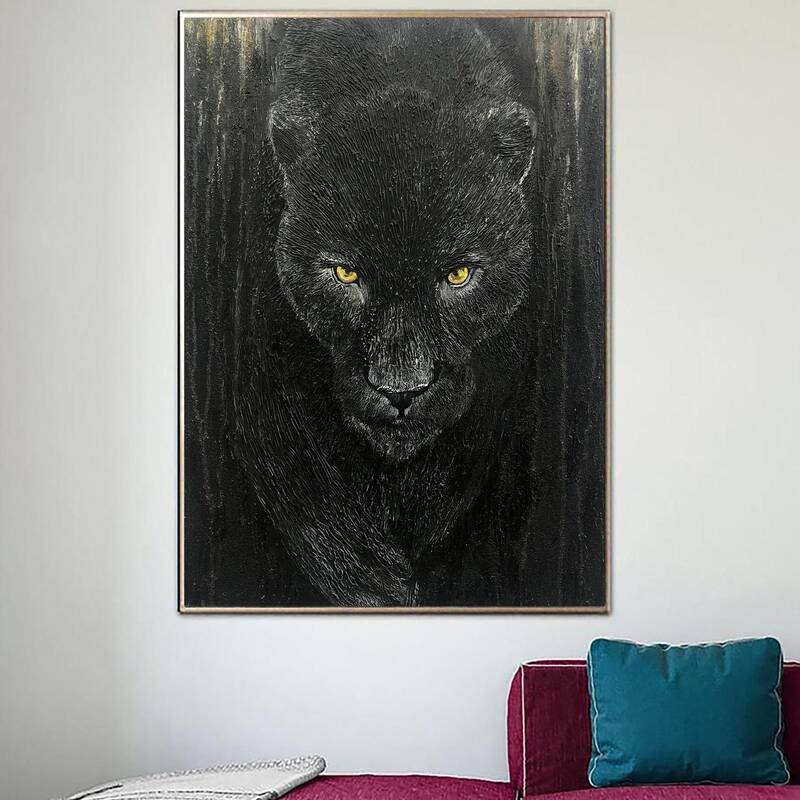 Large Abstract Black Panther Paintings on Canvas Original Animal Art Wild Animal Wall Art Modern Heavy Textured Painting | WI...