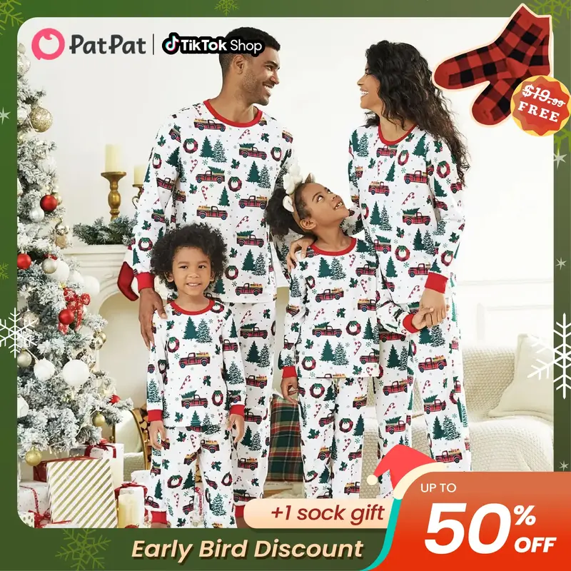 Early Bird,PatPat Christmas Pajamas Soft & Stretchy Family Matching  Long Sleeve Sets Christmas Cars Patterned Sleepwear for ...