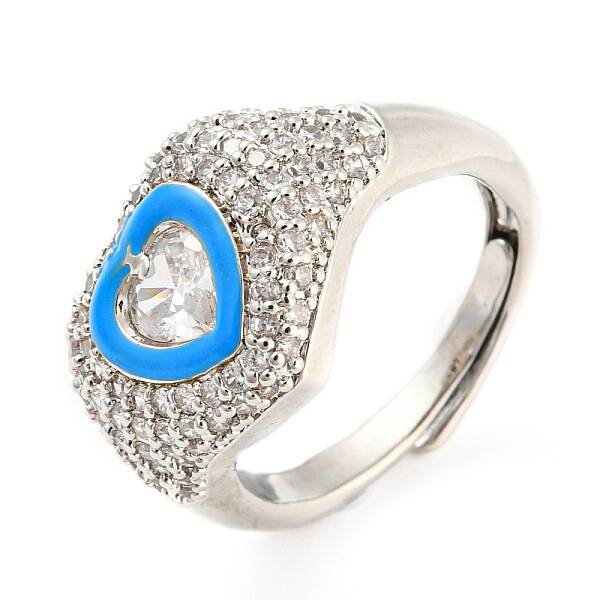 Enamel Heart Adjustable Ring with Clear Cubic Zirconia