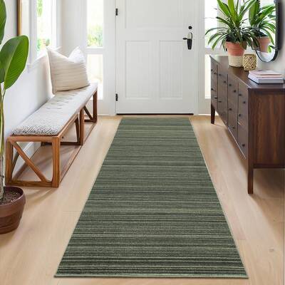 Garvee Bathroom Rug Runner 2x6 Washable Non-Slip Polyester Distressed Stripes Soft Low Pile Green Entryway Mat
