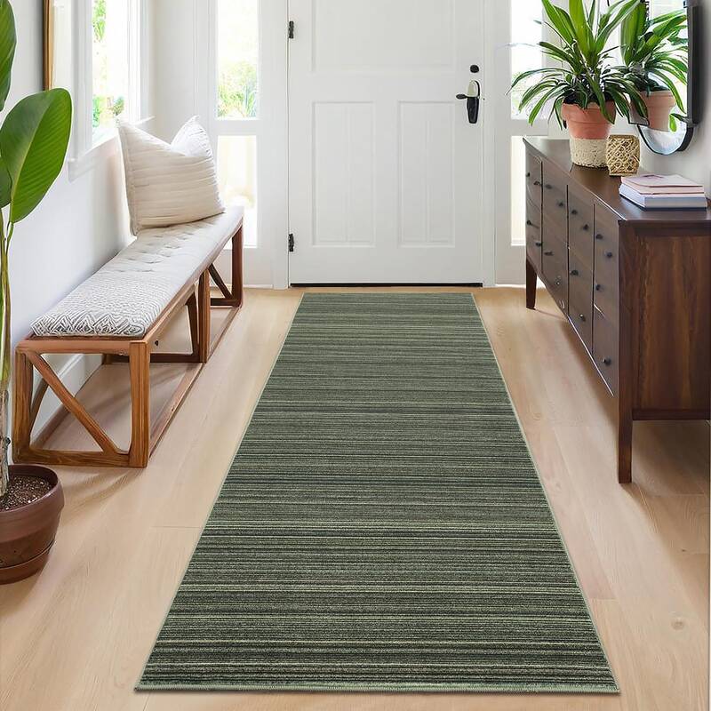 Garvee Bathroom Rug Runner 2x6 Washable Non-Slip Polyester Distressed Stripes Soft Low Pile Green Entryway Mat